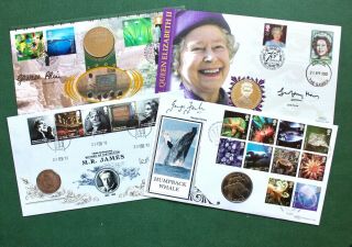 Four Benham Signed First Day Coin Covers - Prime Meridian,  Sea Life,  Britons Etc