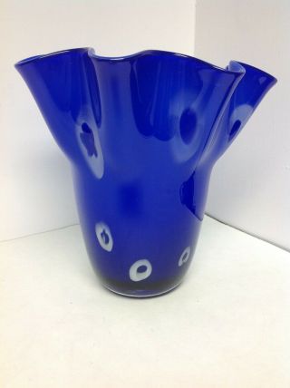 Large Cobalt Blue Art Glass Vase,  White Accents