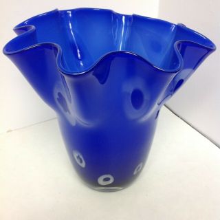LARGE COBALT BLUE ART GLASS VASE,  WHITE ACCENTS 3