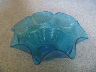 Blenko Turquoise Blue Crackle Glass Bowl Flowing Ruffled Edge 10 3/4 " Wide