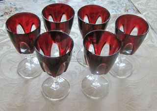 Set Of 6 - Vintage Red Cranberry Cut To Clear Wine Glasses - France
