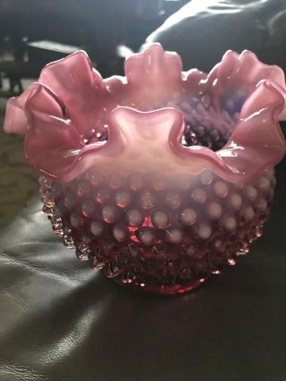 Vintage Fenton Art Glass Hobnail Cranberry Opalescent Ruffled Vase 6”