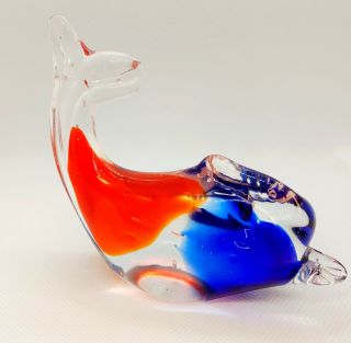 Art Glass Dolphin Fish Paperweight Blown Glass Blue Orange Clear Murano Style