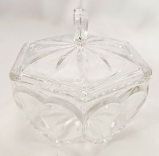 Pressed Glass Clear Vintage Heart Shape Candy Dish With Lid Six Sided Small Chip