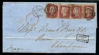 Great Britain 2 Pairs On 1864 Folded Letter Cover Jersey To Reims France