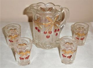 Mosser Glass Child’s Set Cherry & Cable Water Pitcher 4 " T & 4 Glasses 2 " T