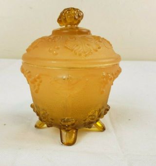 Vintage Harvest Grape Amber Carnival Glass Footed Covered Candy Dish Gl11