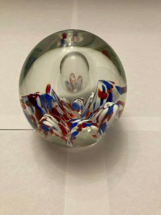 Vintage Glass Art Paperweight Clear Globe Red White Blue Controlled Bubble