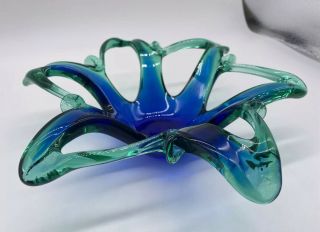 Murano Hand Blown Blue Green Glass Flower Candy Nut Dish Vintage Made In Italy 2