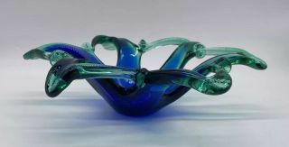 Murano Hand Blown Blue Green Glass Flower Candy Nut Dish Vintage Made In Italy 3