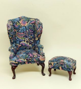 Vintage Paisley Bespaq High Back Chair With Ottoman Dollhouse Miniature 1:12