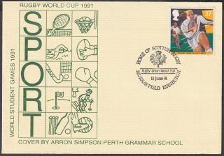 1991 Sports 37p Perth Grannar School Rugby World Cup V.  Scarce Fdc;murrayfield Sh