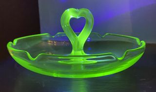 Vintage Green Uranium Glass Candy Dish With Center Heart Handle