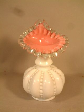 Vintage Fenton Art Glass Pink & White Silver Crest Vase 7” Ruffled Edge