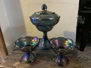 Indiana Harvest Grape Carnival Glass Compote/ Lid Candle Holders Iridescent Blue