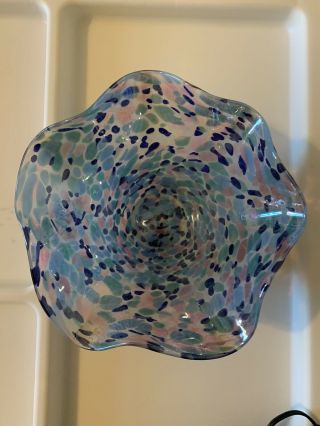 Glass Eye Studio Iridescent Hand Blown Art Glass Ruffled Swirl Bowl
