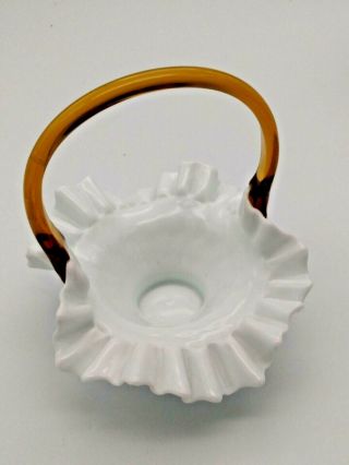 Vintage Fenton Art Milk Glass With Applied Handle (amber) Basket Ruffled Rim