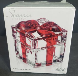 Shannon Crystal Godinger Trinket Dish Box Clear W Red Ribbon Christmas Holiday
