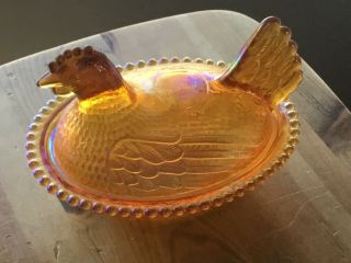 Vintage Carnival Indiana Glass Iridescent Amber Chicken Hen On Nest Candy Dish