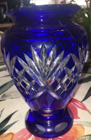 Bohemian/czech Cut To Clear Cobalt Blue Art Glass Vase 6” H Diameter 3”