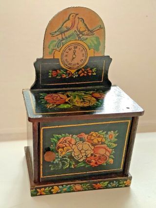 Antique Lithograph Dolls House Miniature Cabinet With Clock,  Flowers And Birds