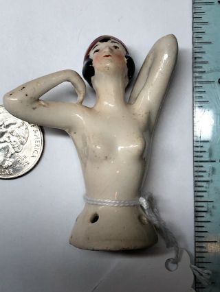 2.  5” Antique German Porcelain Half 1/2 Doll Black Hair Nude Flapper 5882 Arms Up