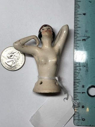 2.  5” Antique German Porcelain Half 1/2 Doll Black Hair Nude Flapper 5882 Arms Up 2
