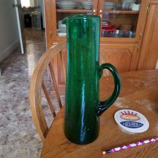 Vintage Green Hand Blown Crackle Glass Handled Pitcher Vase
