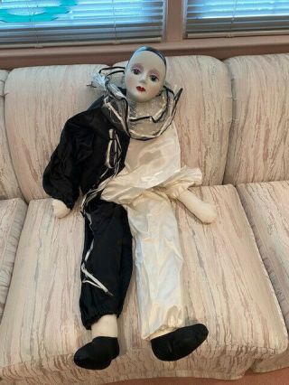 Vintage Pierrot Doll Large Child Size Clown Doll In Black And White
