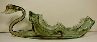 Vintage Hand Blown Green Swirls Art Glass Swan Bowl/dish 17 " Long Mcm