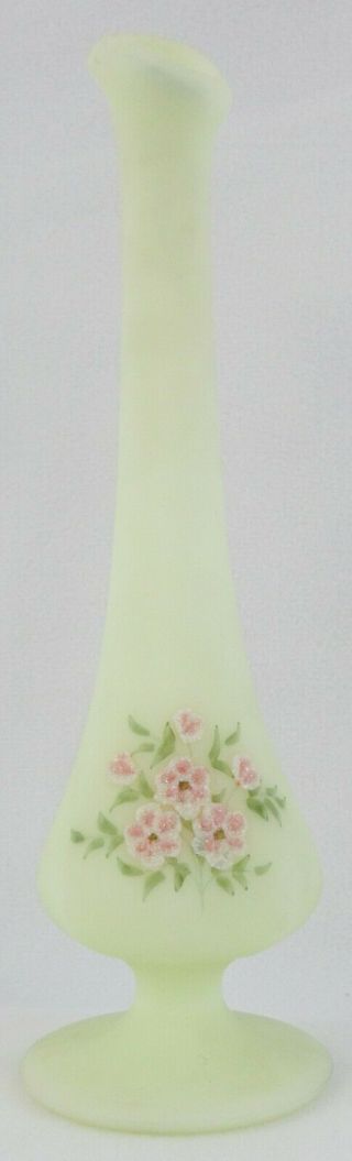 Vintage Fenton Custard Satin Glass Bud Vase Hand Painted Floral Artist Signed