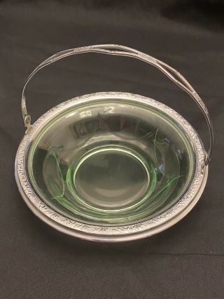 Vintage Vaseline Glass Candy Dish With Silver Chrome Rim And Handle 2