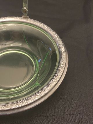 Vintage Vaseline Glass Candy Dish With Silver Chrome Rim And Handle 3