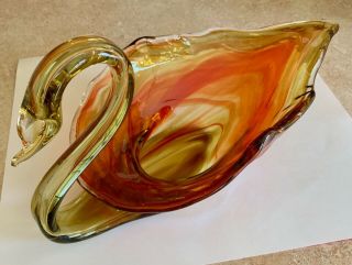 Vintage Mid - Century Orange Hand - Blown Glass Swan Bowl Or Candy Dish; 13.  5 " Long
