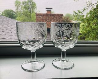 2 Bartlett Collins Frosted Grapvine Etched Coin Thumbprint Goblets 1940 