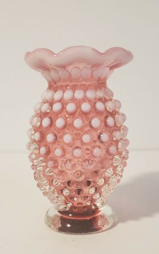 Fenton Hobnail Opalescent & Cranberry Pink Small Vase Ruffled Top 4 "