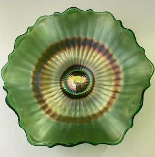 Vintage Fenton Iridescent Green Ribbed Carnival Glass Bowl.  Footed W/ruffled Rim