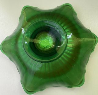 Vintage Fenton Iridescent Green Ribbed Carnival Glass Bowl.  Footed W/Ruffled Rim 2