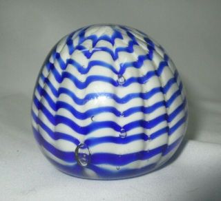 Vintage Art Glass Control Bubble Paperweight W/ Cobalt Blue & White Ribbons