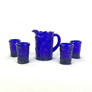 Vintage Miniature Pitcher And Cup Set Peacock Cobalt Blue Pressed Glass