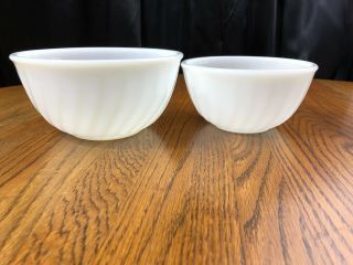 Set Of 2 Vintage Fire King White Milk Glass Swirl,  7 " & 8 " Cookware Mixing Bowls