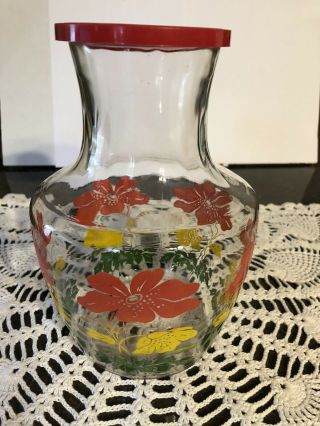 Vintage Anchor Hocking Glass Juice Pitcher/ Carafe With Flowers And Lid