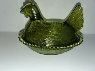 Vintage Indiana Glass Green 7 " Chicken Hen On Nest Covered Bowl Lid Candy Dish