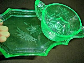 Vintage Green Vaseline Uranium Glass Flower Etched Open Sugar Bowl & Underplate
