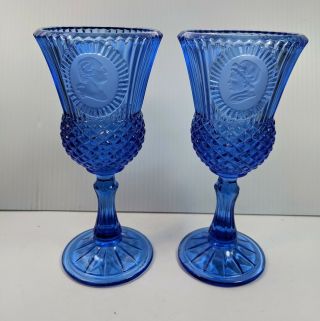 Vintage Avon Glass Goblets Cobalt Blue George Washington Martha - 2 Goblets