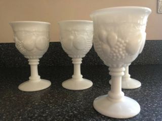 Westmoreland White Milk Glass Goblets.  Set - 4 Della Robbia Glasses Wine/water
