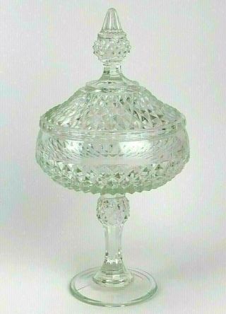 Vintage Glass Diamond Pattern Pedestal Candy / Compote Dish With Lid