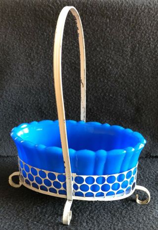 Vintage Akro Agate Blue Slag Marble Glass Planter White Paint Metal Basket 654