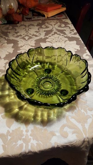 Indiana Glass Large Round Green Footed Fruit Bowl Heavy Scalloped Vtg
