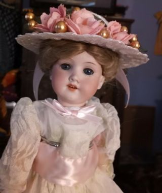 Antique 15 - Inch Am 390 Doll On Bjd Body In 2 - Piecce Dress & Bonnet 10